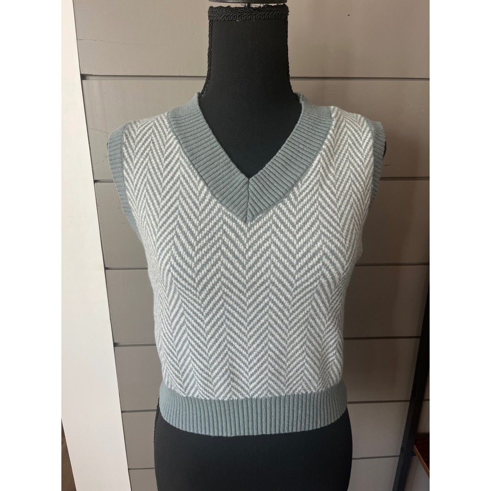 Sincerely Jules V Neck Herringbone Knit Sweater Vest XS Blue White Preppy‎ Cozy